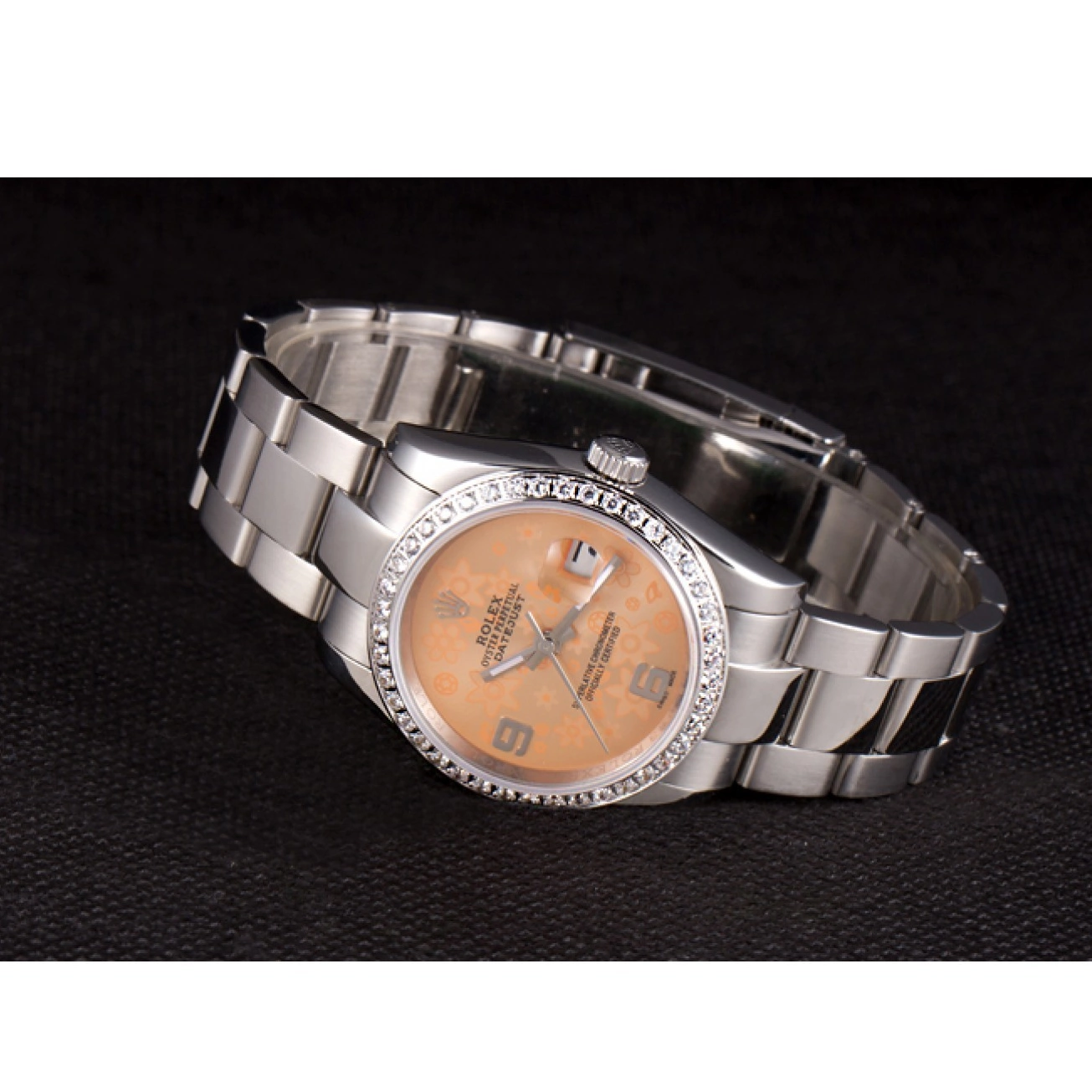 MiroTime 0804 Rolex Datejust Polished Stainless Steel Orange Flowers Dial Diamond Plated